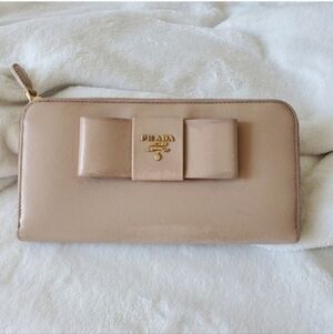 Prada Saffiano Bow Zip Around Wallet Nude Cammeo Leather